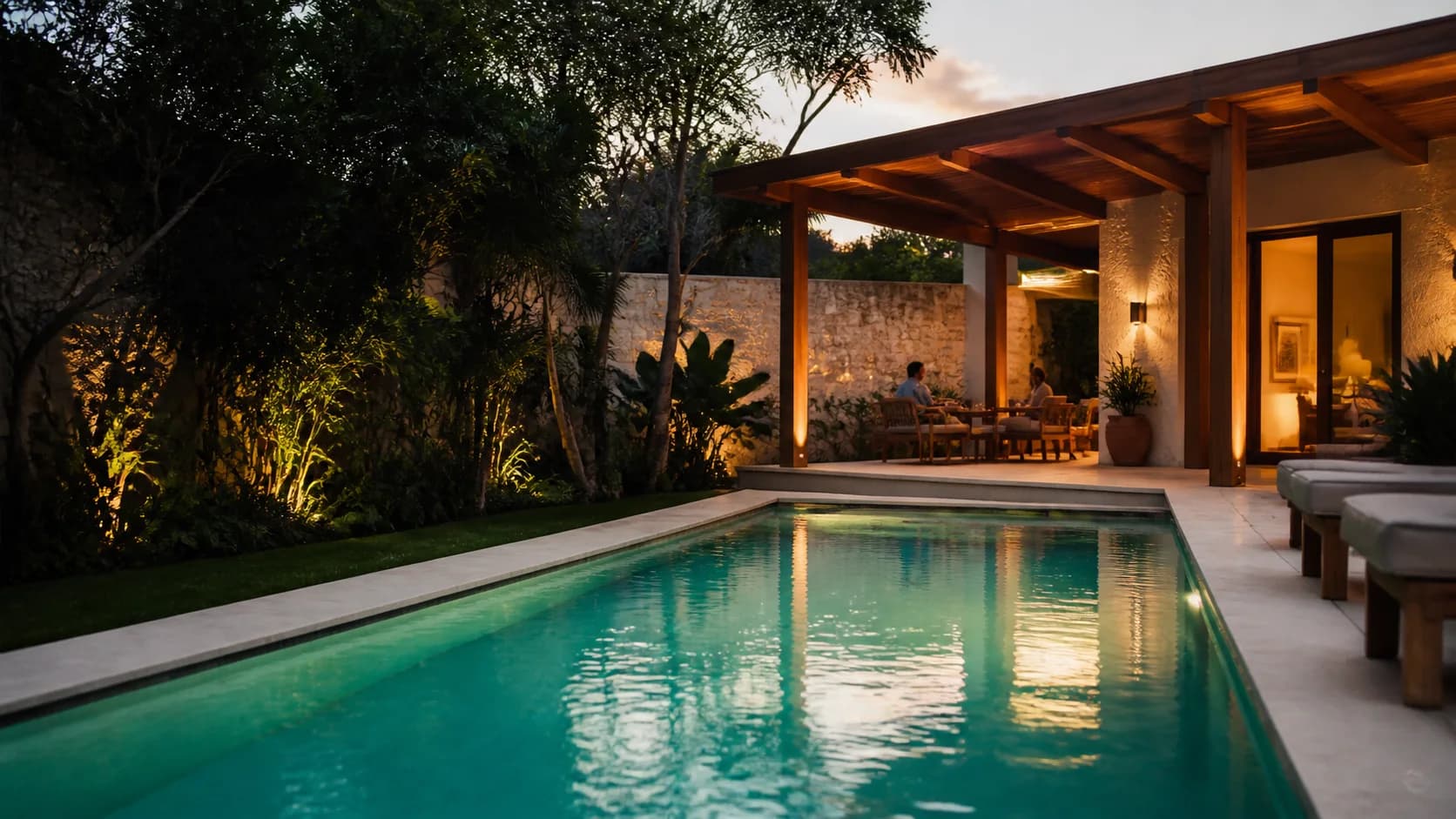 Alberca residencial limpia al atardecer en Nayarit
